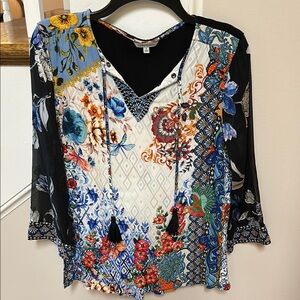 John Mark stunning embroidered floral with tassels top